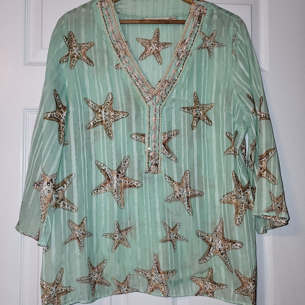 Soft Surroundings Stella‎ Marina Tunic Women's Size Large Green Shells Beading
